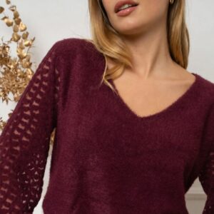 Pull manche dentelle cœur bordeaux