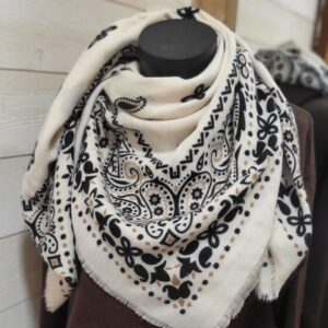 Echarpe carré bandana blanc, noir et camel