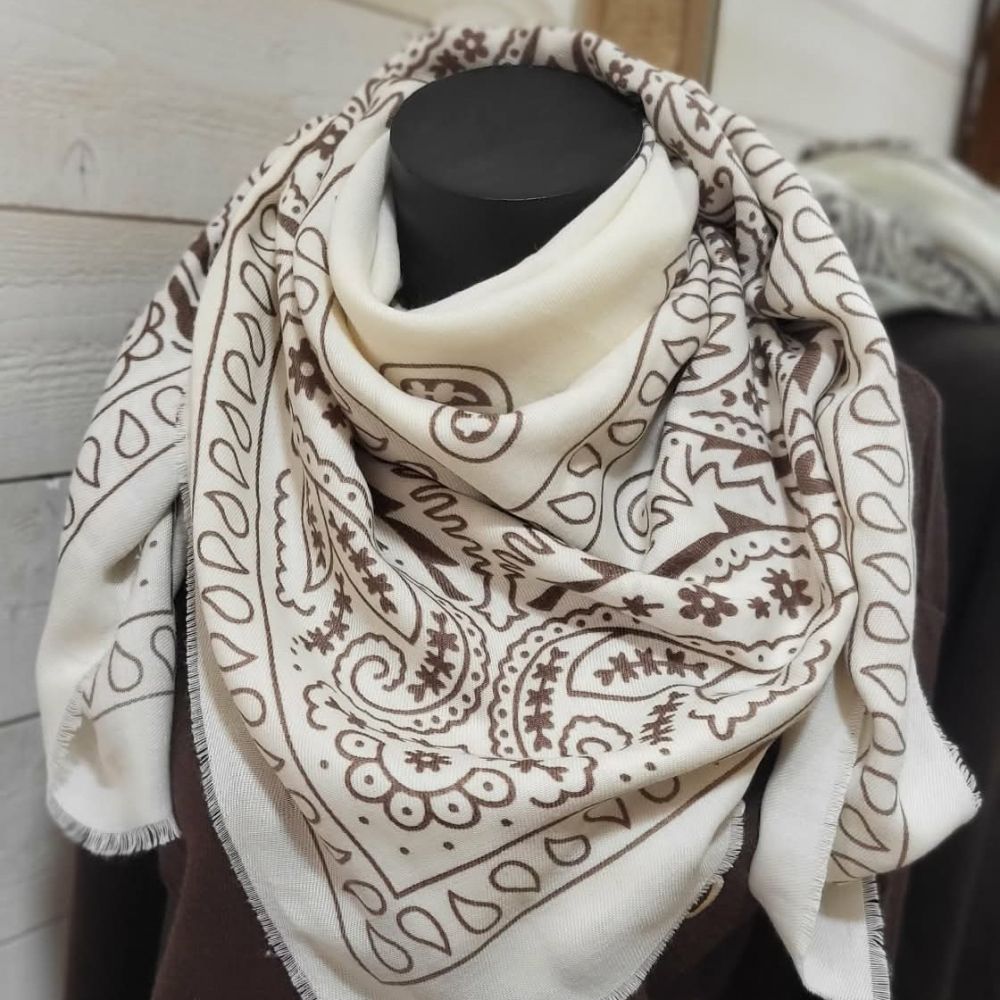 Echarpe carré bandana blanc et camel